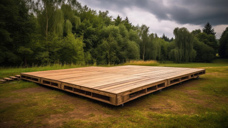 Wooden deck in the park in front of a green forest.の素材