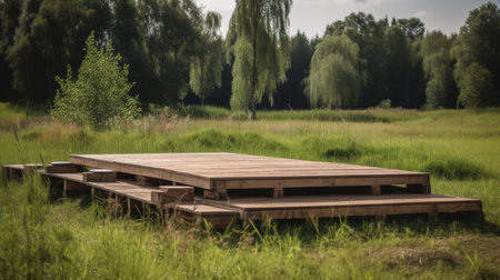 Wooden pier and benches on the background of a green meadowの素材