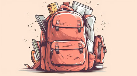 backpack with books, pencils and other school supplies.の素材