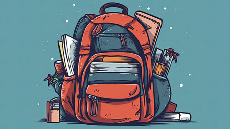 red school backpack with books, pencils and notebooks.の素材