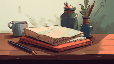 Illustration of an open book on a wooden table with a cup of coffeeの素材