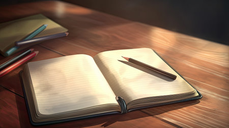 Notebook and pencils on wooden table. Selective focus.の素材