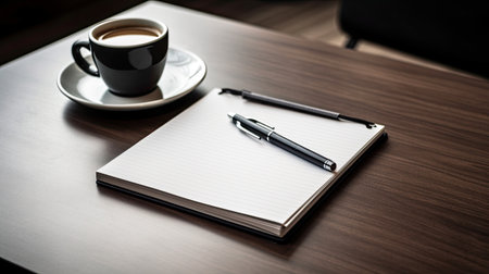 Cup of coffee and notepad with pen on the table.の素材