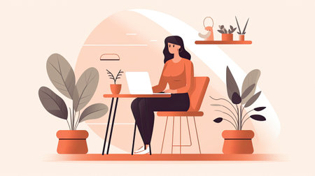 Young woman working at home. Freelance and remote work concept. Generative AI.の素材