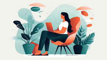 Young woman working on laptop sitting in armchair at home. Freelance, remote work concept. Generatve AI.の素材