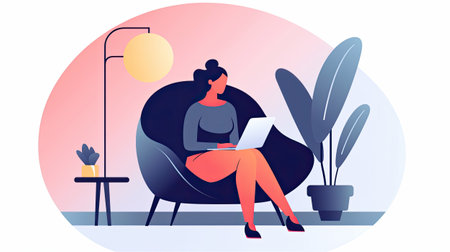 Woman sitting in armchair and working on laptop. Freelance, remote work concept. Generative AI.の素材