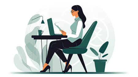 Businesswoman working on laptop in office. Generative AI.の素材
