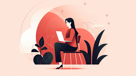 young woman sitting in an armchair and working on a laptop. Generative AI.の素材