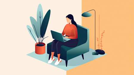 Woman working on a laptop at home. Freelance, remote work concept. Generative AI.の素材