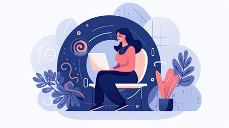Woman working on laptop at home. Freelance, remote work concept. Generative AI.の素材