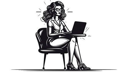 Businesswoman with laptop working at the desk. Generative AI.の素材