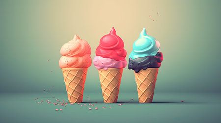 colorful ice cream in waffle cones on green backgroundの素材