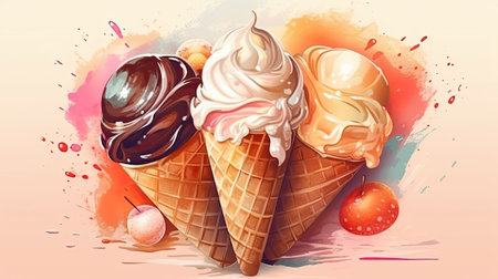 ice cream in a waffle cone with chocolate and cherry.の素材