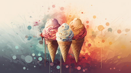 Colorful ice creams in waffle cones on abstract watercolor backgroundの素材