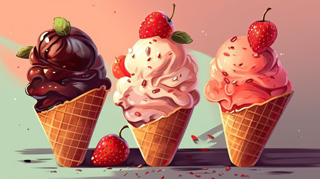 Ice cream in waffle cones with strawberry and chocolate.の素材
