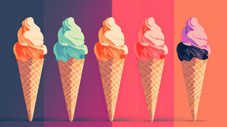 Colorful ice cream in waffle cones on colorful background.の素材