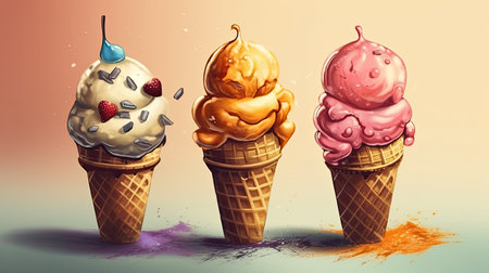 Ice cream in waffle cones on colorful background.の素材