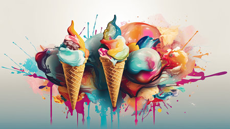 Colorful ice cream in a waffle cone on a background of splashes and blotsの素材