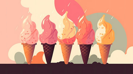 three ice creams in waffle cones.の素材