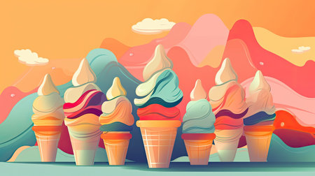 Ice cream in waffle cones on background of mountains.の素材