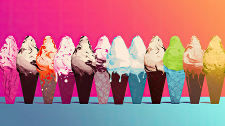 Colorful ice cream in waffle cones on colorful gradient background.の素材