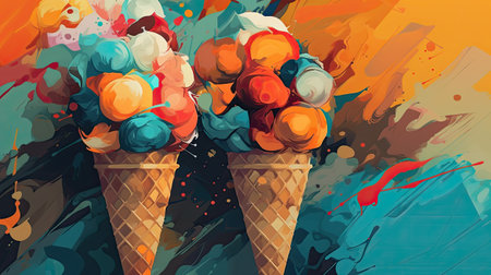 ice cream in waffle cones with colorful splashesの素材