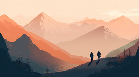 Silhouette of two hikers in the mountains.の素材