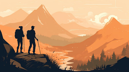 man and woman hiking in the mountains.の素材