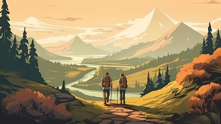 Hiking in the mountains. Man and woman with trekking poles.の素材