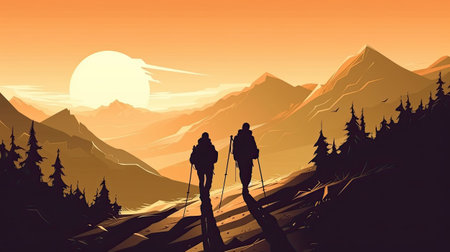 Silhouettes of hikers in the mountains at sunset.の素材
