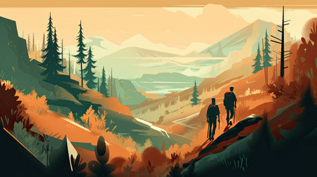 Hikers in the mountains. Man and woman in the mountains.の素材