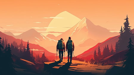 Hiking couple with backpacks in the mountains at sunset.の素材