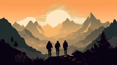 Silhouettes of hikers in the mountains at sunsetの素材