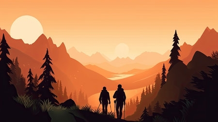 Hikers in the mountains at sunset. walking towards a lakeの素材
