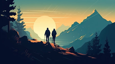 Silhouette of a couple hiking in the mountains.の素材