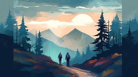 Hiking in the mountains with backpacksの素材