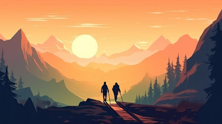 Hiking in the mountains at sunset.の素材