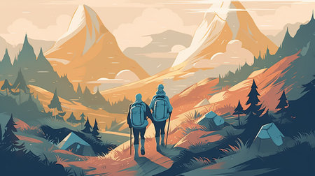 Hikers in the mountains walking on path at sunset.の素材