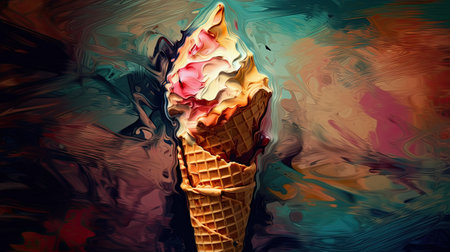 Colorful ice cream in waffle cone on abstract watercolor backgroundの素材