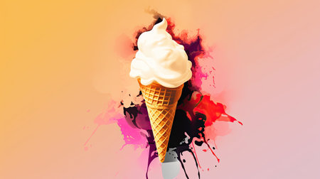 Ice cream in waffle cone with splashes of paint.の素材