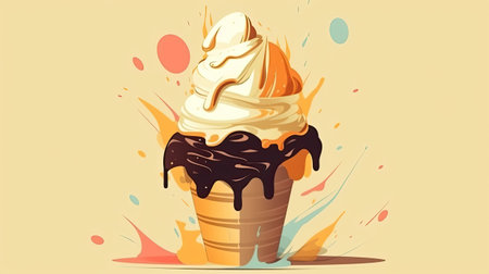 ice cream in a waffle cone with chocolate toppingの素材