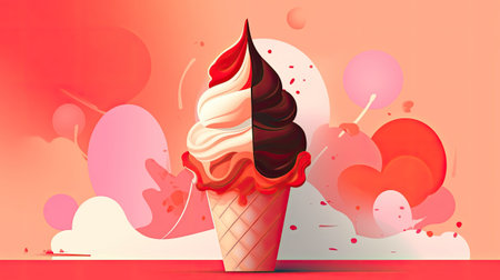 Ice cream in a waffle cone on a pink background.の素材
