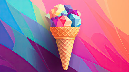 Ice cream in a waffle cone with chocolate and cherry.の素材