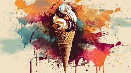 Ice cream in waffle cone on colorful background.の素材