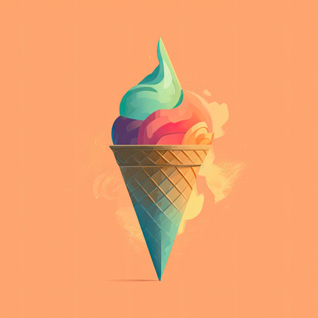 Ice cream in a waffle cone on a colored background.の素材