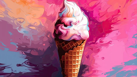 Colorful ice cream in a waffle cone.の素材