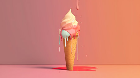 Colorful ice cream in a waffle cone on a colorful backgroundの素材