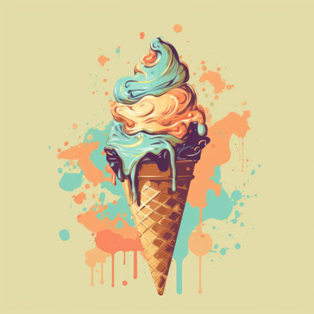 Ice cream in a waffle cone on a colorful watercolor backgroundの素材
