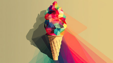 Ice cream in a waffle cone on a colorful background.の素材