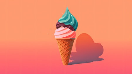 Ice cream in waffle cone with colorful splashes on red backgroundの素材